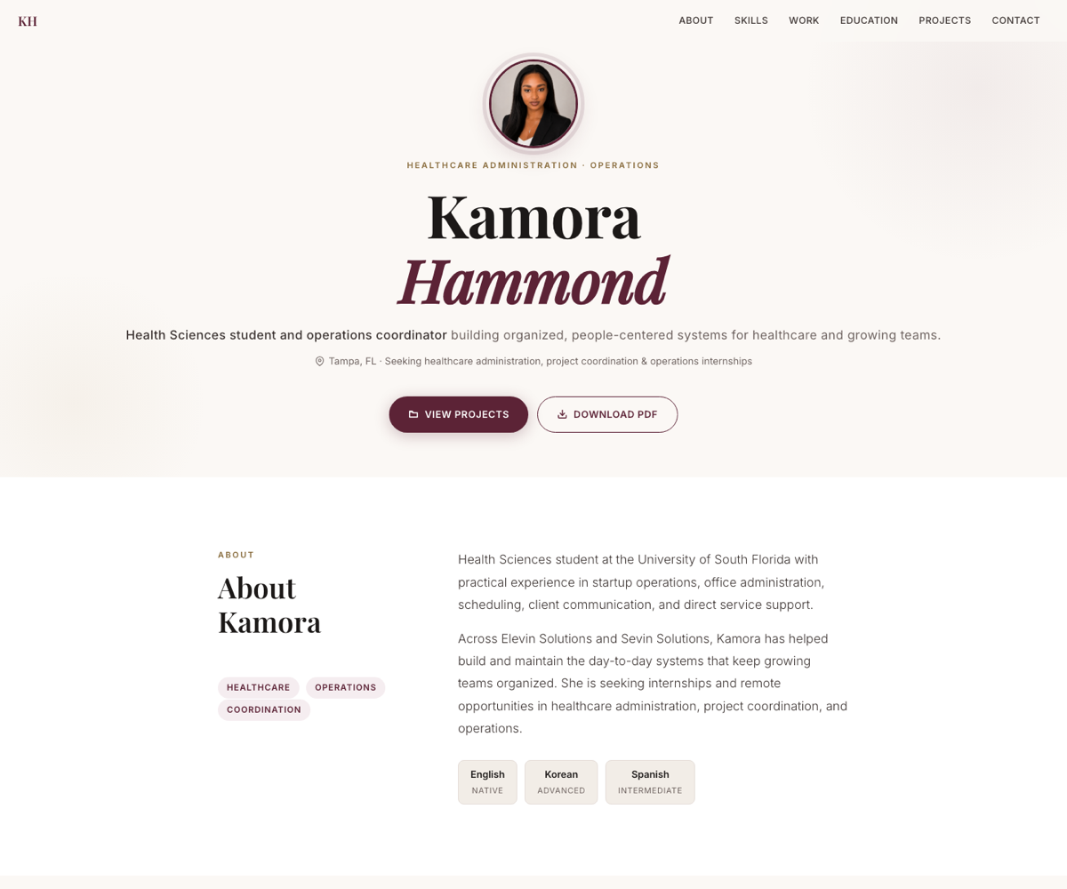 Desktop preview of Kamora Hammond's responsive portfolio website
